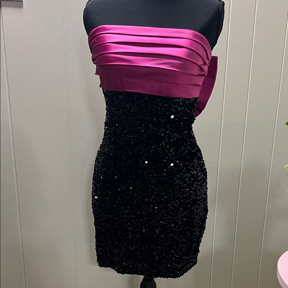 Chic Strapless Dress with Fuchsia and Black Sequins